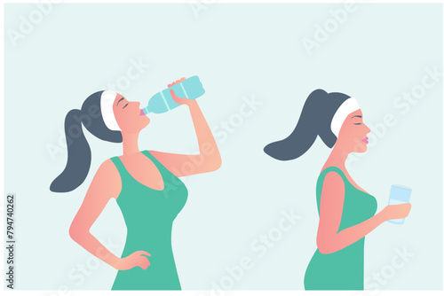 Healthy woman drinking water from plastic bottle vector illustration. Healthy lifestyle concept	