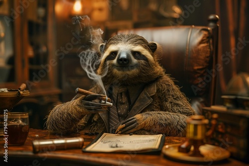 A cigarsmoking sloth mafia don, sitting behind a desk, anthropomorphic figure exuding power and fear