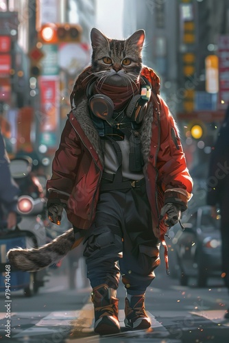 Edgy anthropomorphic cat in streetwear, confidently crossing a busy intersection, city vibe