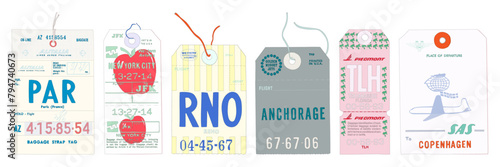 Isolated Vector Set of Vintage Luggage Tags or Labels with Text and Airplane Logo