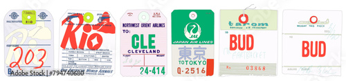 Isolated Vector Set of Vintage Luggage Tags  with Text and Airplane Logo