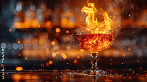 Flaming cocktail in a coupe glass with orange garnish.