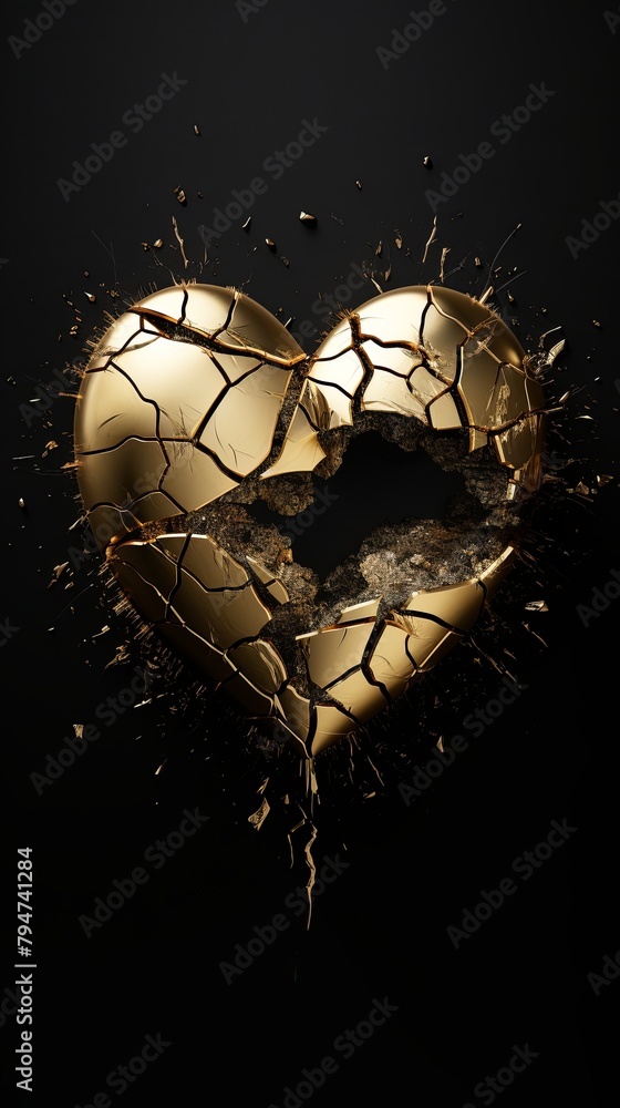 A golden heart breaking apart on a black backbround.