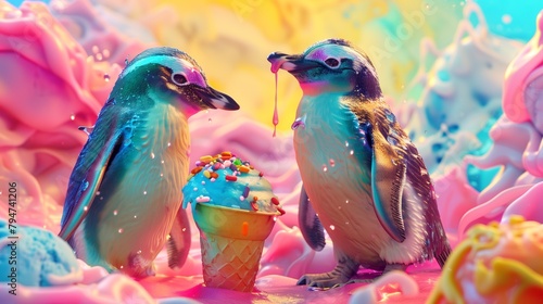 Whimsical scene of penguins waddling with vibrant ice cream cones, adding a pop of color to icy landscapes.  photo