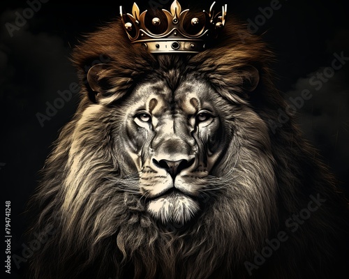 A digital painting of a lion wearing a gold crown. photo