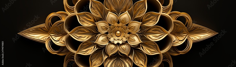 A golden symmetrical floral pattern with intricate details. A golden symmetrical floral pattern with intricate details.