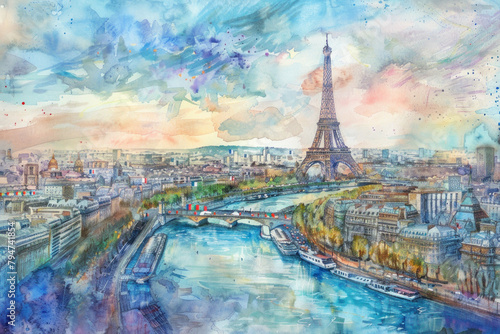 Dreamy watercolor view of the Eiffel Tower and Seine River in Paris © Slepitssskaya