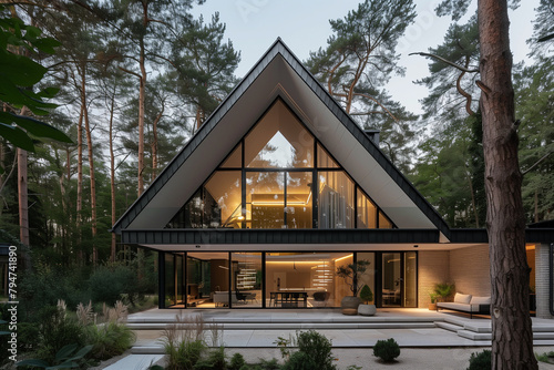 Minimalist villa with pitched roof in forest. Residential architecture exterior. clear light