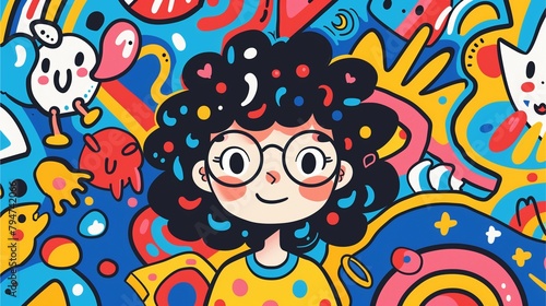 A charming full-frame doodle art in a cute cartoon style featuring an adorable girl, radiating joy and innocence with every stroke.