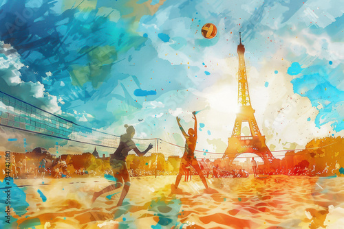 Vibrant watercolor of people playing volleyball near the Eiffel Tower