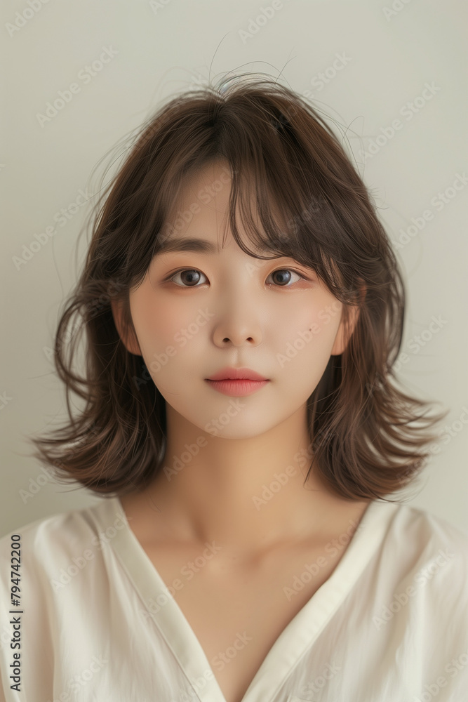 A charming Korean girl sporting trendy air bangs, with her medium-length brown hair framing her face elegantly. She gazes directly at the camera, exuding sweetness and innocence with her eyes A charming Korean girl sporting trendy air bangs, with her medium-length brown hair framing her face elegantly. She gazes directly at the camera, exuding sweetness and innocence with her eyes