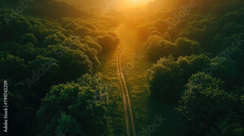 Aerial top view  mountaint road in dark green forest with sunlight sunset --ar 16 9 Job ID  f4040876-e245-4925-9568-49f568e742fe