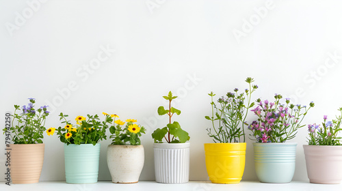Floral composition Plants in pot plants forming a beautiful flower composition, Plants on colorful pots, Variety of colorful flowers in flowerpots , Beautiful little decoration plants in a pot photo