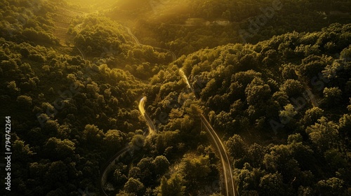 Aerial top view, mountaint road in dark green forest with sunlight sunset --ar 16:9 Job ID: f4040876-e245-4925-9568-49f568e742fe © Budi