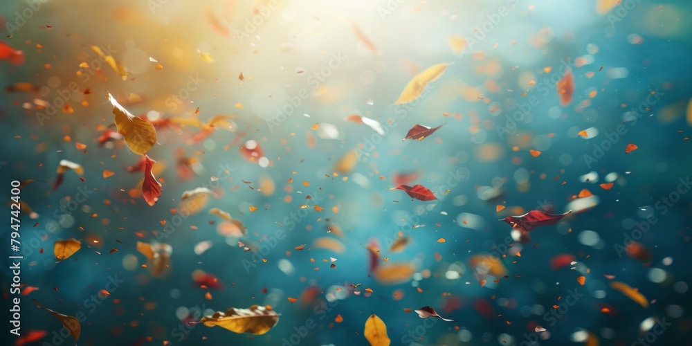 A vibrant display of colorful leaves swirling in the air, with a magical autumn ambiance.