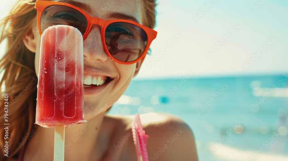 Close-up of a smiling woman enjoying a red popsicle on a sunny beach day, wearing orange sunglasses.