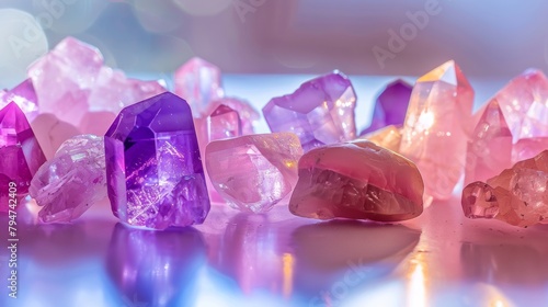 A radiant collection of amethyst and rose quartz crystals in various shades of purple and pink  with a luminous background.