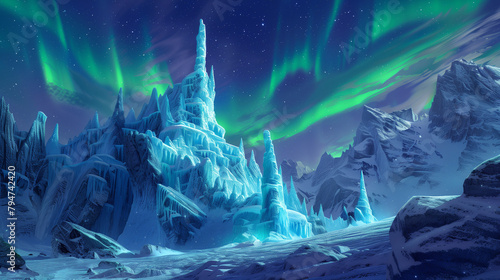 An ice castle under the aurora borealis  shimmering icy walls and frozen sculptures  magical and cold atmosphere