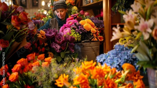A bouquet master works diligently in their shop surrounded by shelves of colorful blooms and buckets of fresh flowers. With precision and creativity they expertly combine different .