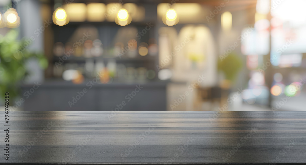 Black wooden tabletop with a defocused cafe background featuring bokeh light effects. Black wooden tabletop with a defocused cafe background featuring bokeh light effects.