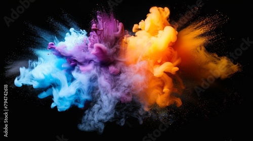 A vibrant explosion of colorful ink clouds mixing in water creating a dynamic abstract background. photo