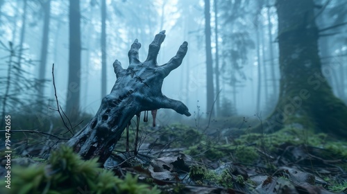 A spooky, hand-like tree root extends from the forest floor into a foggy, mysterious woodland scene. © tashechka