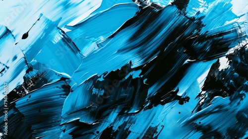 Artistic abstract painting with bold blue and black brush strokes on a textured canvas. photo