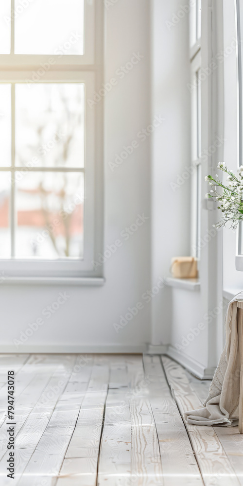 Fototapeta premium Serene empty interiors in clean tones and minimal furniture. Copyspace for customization