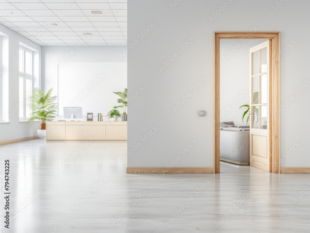 Fototapeta premium Serene empty interiors in clean tones and minimal furniture. Copyspace for customization
