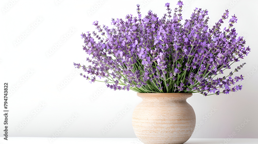 a white vase with lilas are sitting on top of a dresser table, lavender in glass vase on wooden background, romantic background. Fresh natural lavender against a white wall background