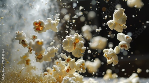 A bunch of popcorn kernels are seen falling into the air as they pop in a hot air popper