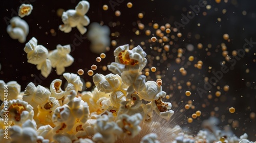 Close-up of popcorn kernels being launched into the air by a hot air popper