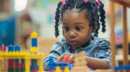 A little African American girl is focused and engaged in building with an educational building set in a room filled with toys