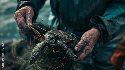 A man carefully holds a sea turtle tangled in discarded fishing nets, part of a Greenpeace campaign to rescue marine life