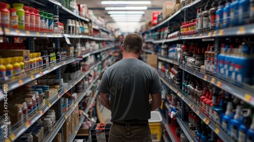 A man browses through neatly organized shelves in a grocery store aisle, examining different auto parts options © Ilia Nesolenyi
