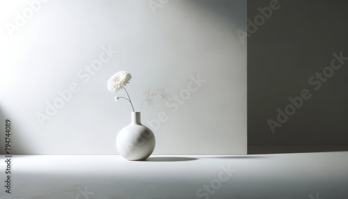 Minimalist Vase with Single Flower on White Background 