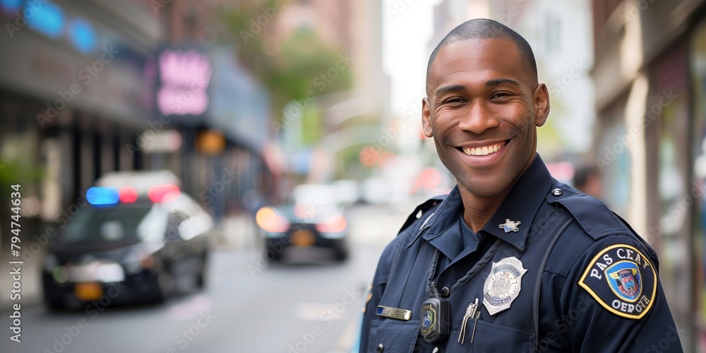 Cheerful African American police officer on duty. Cheerful African American police officer on duty.