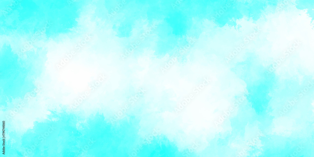 Cloudy in sunshine calm bright winter air abstract background blue sky with fluffy clouds. Abstract blue wall background with watercolor cloud and sky. Aquarelle paint paper textured canvas for design