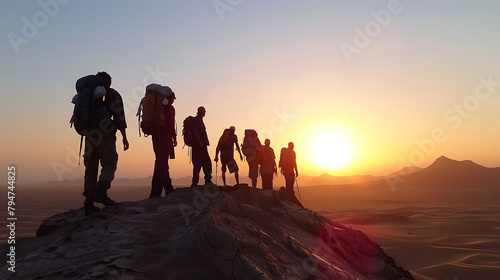 a group of people stand atop a mountain, gazing at the stunning sunset over a blue sky one man stan