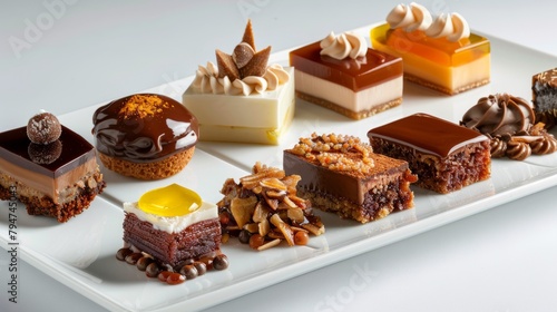 Various types of caramel desserts neatly arranged on a white plate with a focus on presentation