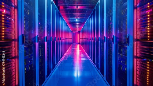 Rows of servers neatly arranged in a data center facility with blinking lights indicating data processing and storage activities