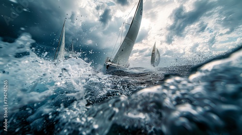 Two sailboats racing in the middle of a vast body of water, with the sails fully billowed against the wind photo