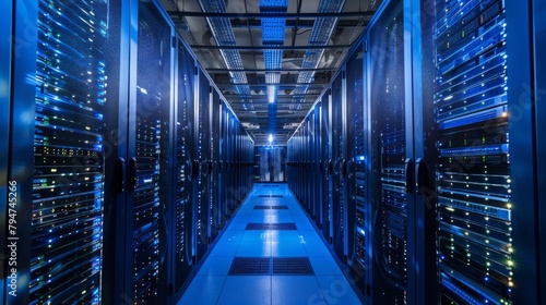 Multiple server racks neatly organized in rows in a high-capacity data storage facility
