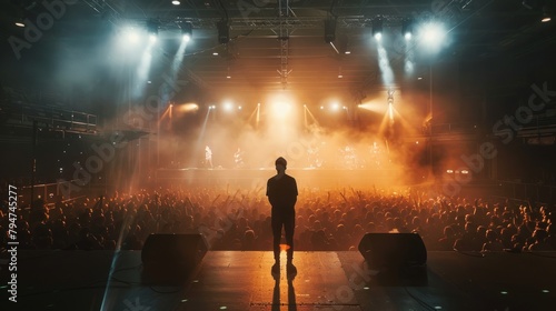 A person standing on a stage in an indoor arena, surrounded by a crowd of spectators at a live music festival