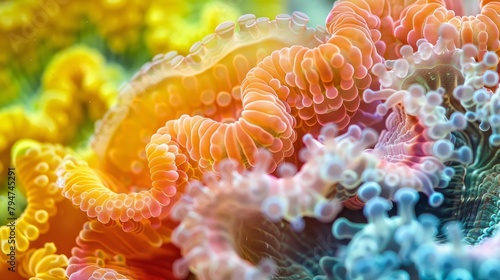 Detailed view of a vibrant and colorful sea anemone underwater