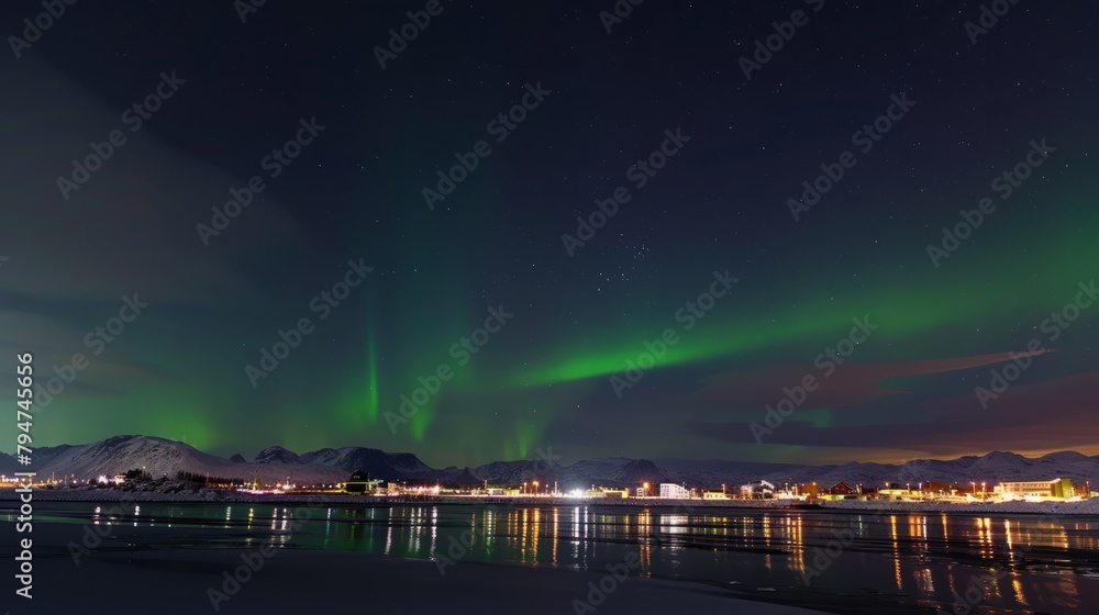 Spectacular display of green and purple aurora borealis lights illuminating the night sky over a tranquil lake
