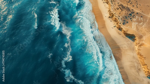 An aerial perspective of a sandy beach meeting the vast expanse of the ocean, showcasing the dynamic interplay between land and sea
