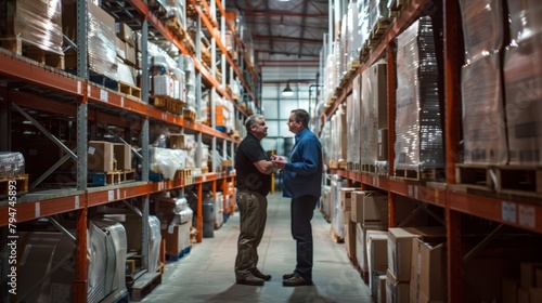 Two men are standing next to each other in a warehouse, likely discussing inventory during a physical count to ensure accurate stock levels