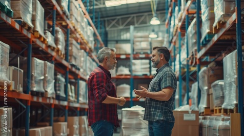 Two men engaging in a discussion in a warehouse during a physical inventory count to verify stock levels
