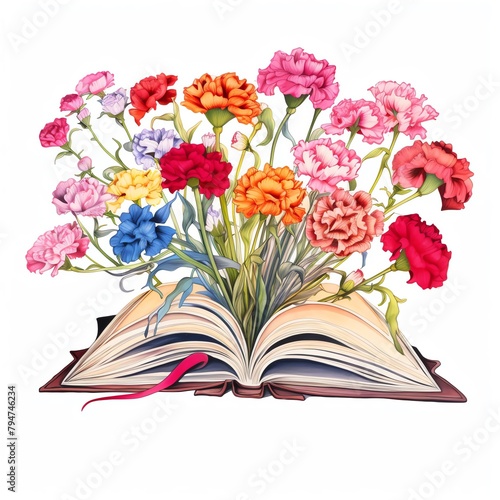 A whimsical arrangement of various colored carnations spilling out of an open book, blending nature and literature for a creative visual in bookstores, libraries, or literary event promotions, water c © Prarichart